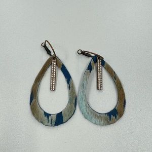 Handmade Open Teardrop Cowhide Earrings in Blue with Rhinestone Detail Strip